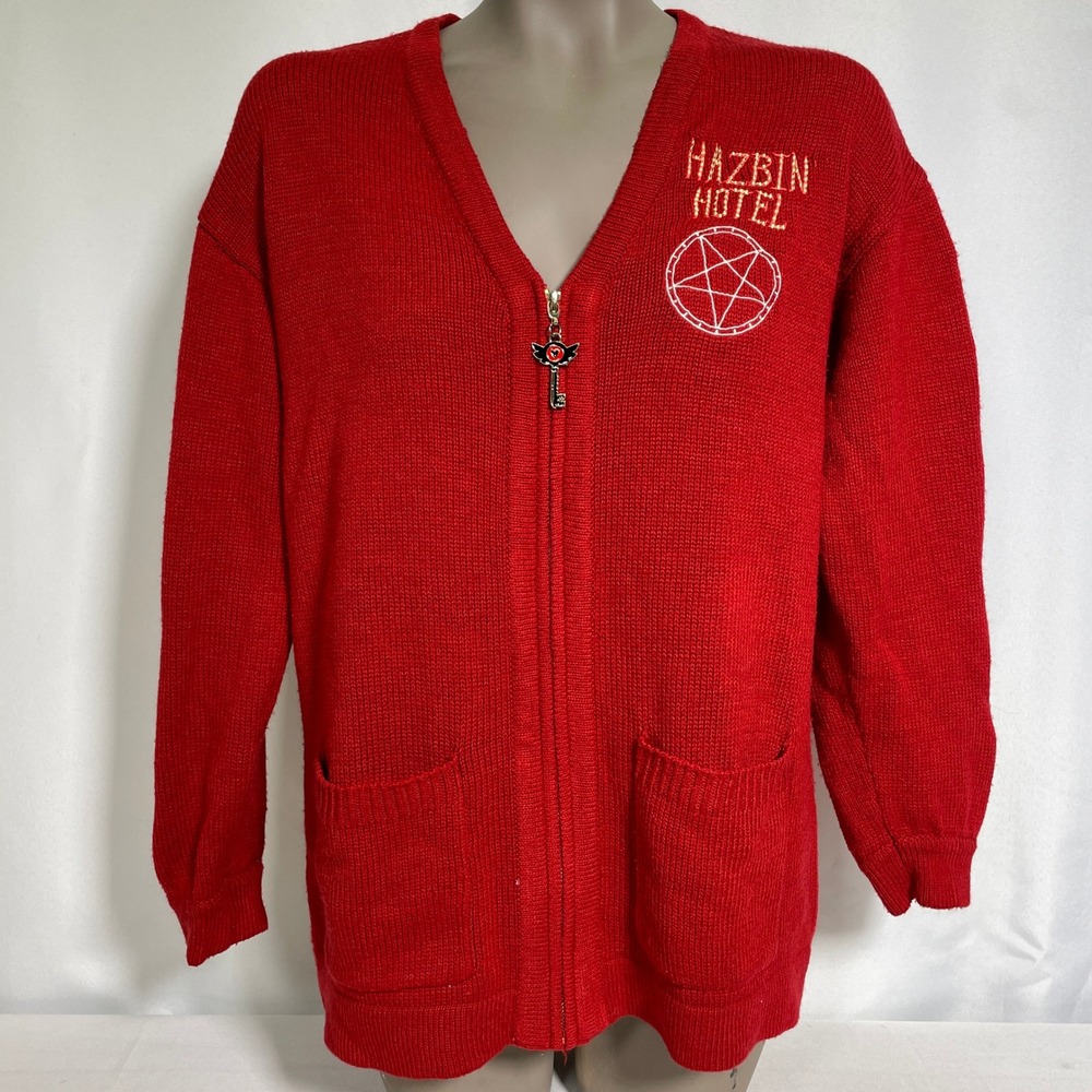 Hazbin Hotel Embroidered Character Patch Red Zip Cardigan Sweater Women's SMALL